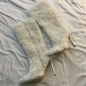 White Fur Boot Heels